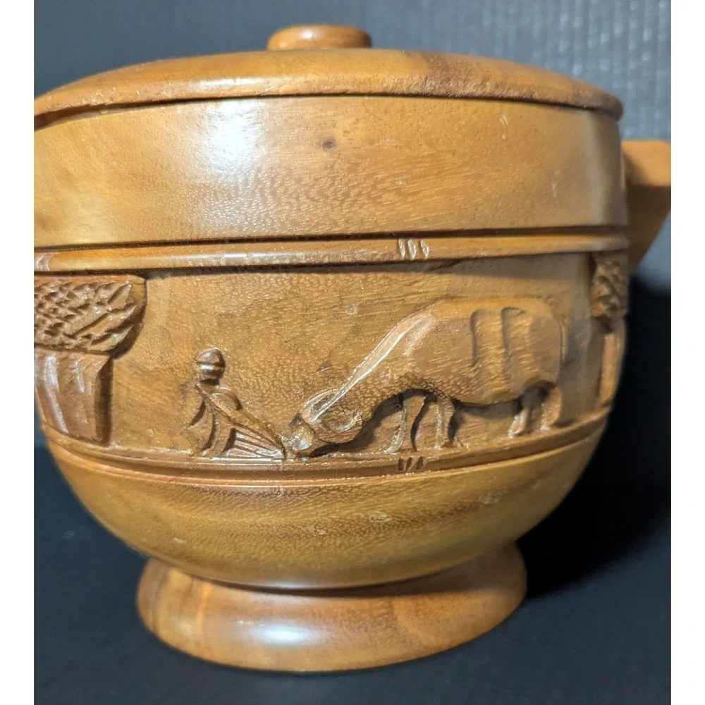 Vintage Hand Carved Teak‎ Wood Bucket With Handle Rural Farming Scene